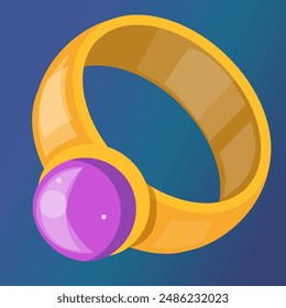 Golden ring gaming vector icon. Illustration of a jewelry with a purple gemstone. Luxury shiny ring. Design element for mobile app.