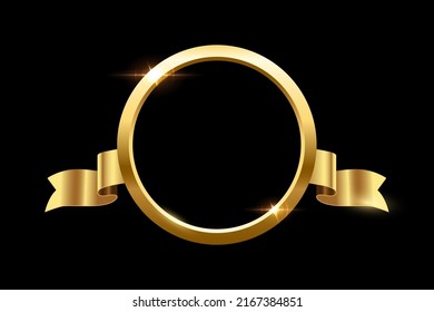Golden ring and gradient light effect   ribbon sides vector illustration  3d realistic shiny gold circle frame  round luxury metal decorative award object isolated black background