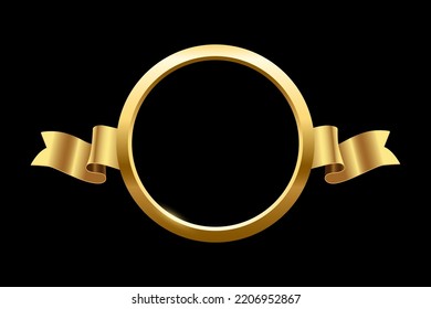 Golden Ring With Gradient Light Effect And Ribbon On Sides Vector Illustration. 3d Realistic Shiny Gold Circle Frame, Round Luxury Metal Decorative Award Object Isolated On Black Background