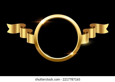 Golden ring with gradient light effect and ribbon on sides vector illustration. 3d realistic shiny gold circle frame, round luxury metal decorative award object isolated on black background