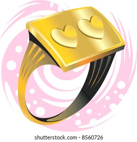 A golden ring having pink background. 	
