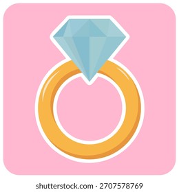 A golden ring with a large blue diamond on a pink background