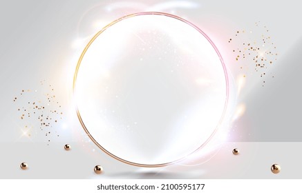 Golden ring with light circles and spark with light effect. Luxury round frame with flare and glitter. Vector light ring. Round shiny frame with lights dust trail particles. Magic concept.Vector EPS10