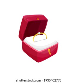 Golden ring in luxury box, wedding or engagement attribute isolated icon. Vector gold jewelry decorated by precious gemstone brilliant or diamond. Soft pillow in red cases of square shape isolated