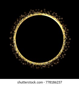 Golden ring on black background. Vector golden circle frame with glitter. Luxury frame for your text.