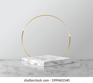 Goldener Ring auf grauem Marmor für das Produkt. 3D-Podest auf Stein-Muster, Vektorgrafik. Geometrische Bühne auf dem Boden im Zimmer. Abstrakter Ort für die Preisverleihung