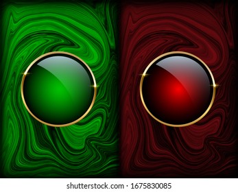 Golden ring on red and green marble backgrounds. Vector luxury design templates