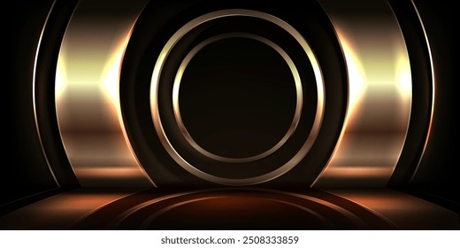 Golden ring podium on black background. Vector realistic illustration of shiny yellow circles on dark stage backdrop, luxury product presentation platform, award ceremony design, night club scene