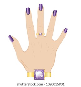 Golden ring with purple amethyst on a human hand with violet nails.