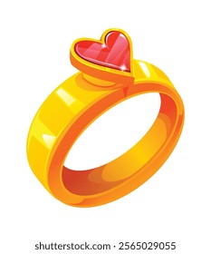 Golden ring with red heart shaped gemstone, symbolizing love and romance. Vector cartoon illustration