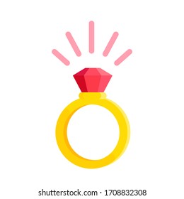 Golden ring with red shining gemstone, ruby. Gold wedding ring with diamond. Vector illustration, flat design, cartoon style, isolated on white background.