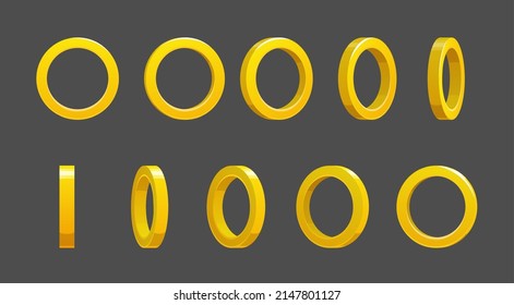 Golden ring rotate animated game sprite. Cartoon vector turning circles animation, ui sequence frame, gui design elements. Yellow gold glossy assets for user interface, isolated bonus or jewelry rings