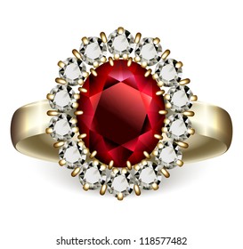 Golden ring with ruby and diamonds