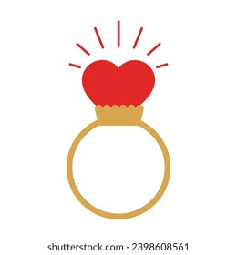Goldener Ring mit glänzender Herzform statt auf Edelstein. Herzring minimalistisches flaches Design. Einziger Hochzeitsring-Ikone. Love Element für Valentinstag-Karte, Druck, Poster.