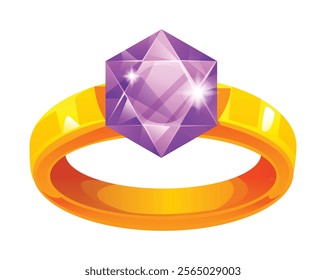 Golden ring with sparkling purple gemstone, perfect for elegant designs. Vector cartoon illustration