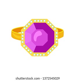 Golden ring with topaz and diamonds vector illustration. Gemstone, jewelry, bijouterie.  