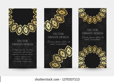 Golden rings in geometric style. Luxury vertical flayers with decorative elements on the black background. Vector illustration for event invitation, ceremony card or celebration banner.