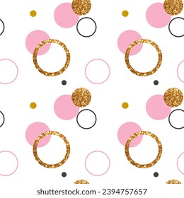 Golden rings and pink circles seamless pattern on white background. Vector design