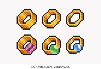 Golden rings pixel art set. Accessories with gems collection. 8 bit metal jewelry. Game development, mobile app. Isolated vector illustration. 