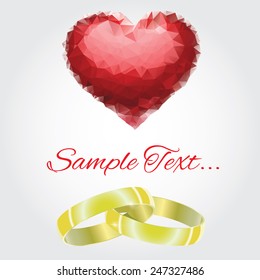 Golden Rings With Ruby Heart. Wedding Card.