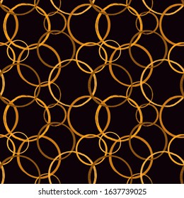 Golden rings seamless pattern. Repeated chaotic bubbles, circles motif. Geometric surface print. Freehand brush design texture. Luxury style vector abstract background
