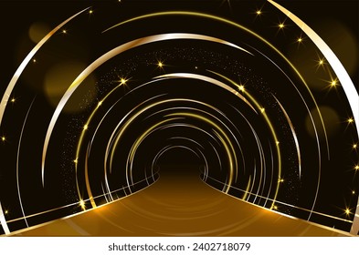 Golden rings tunnel with platform background. Vector.