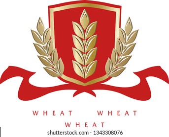 Golden ripe wheat ears on red heraldic ribbons. Vector decorative element for label design, brand icon or logo template. 
