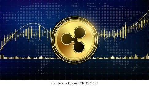 Golden ripple  currency coin. Electronic crypto currency modern technology. Digital cryptocurrency block chain market token banner. On world map chart background. 3D Vector.
