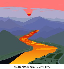 Golden River in the mountains during sunset.