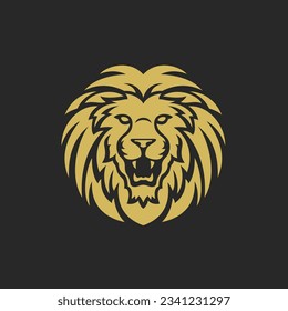 Golden roaring lion with mane premium minimal logo for zoo hunting vector flat illustration. Wild carnivorous leo dangerous animal character head mascot powerful strong predator portrait on black