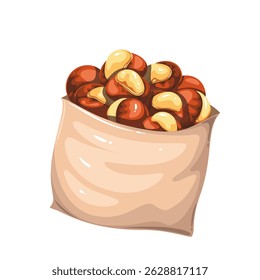 Castanhas douradas assadas com conchas brilhantes servidas em um saco de papel amassado. Lanche tradicional de inverno. Ilustração vetorial de desenhos animados para design, embalagem ou menu de alimentos sazonais.