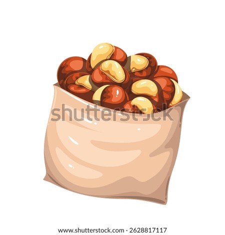 Golden roasted chestnuts with shiny shells served in a crumpled paper bag. Traditional winter street snack. Cartoon vector illustration for seasonal food design, packaging, or menu.