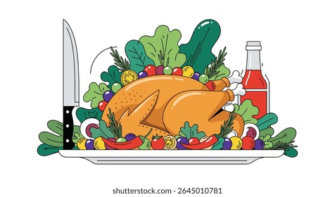 A Golden Roasted Chicken Surrounded by Leafy Greens and Colorful Vegetables for a Festive Meal