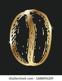 Golden roasted coffee bean, caffeine symbol. Hand drawn graphic vector illustration isolated over black background.