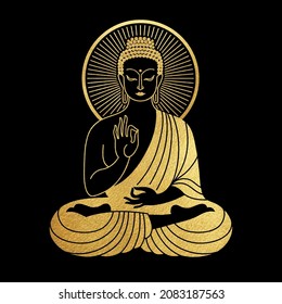 Golden robes sitting Buddha vector illustration. Hand in Vitarka Mudra gesture. Gold textured foil figure with golden halo. Indian, yoga, esoteric design element for cards, posters, celebrations.