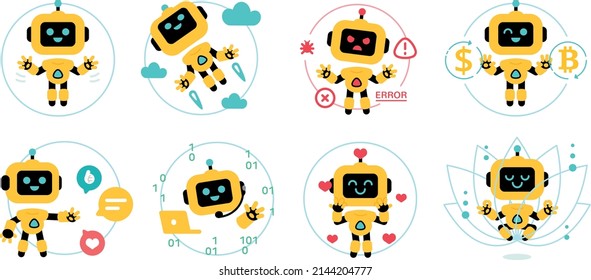 Iconos de mascota plana mínima de Robot dorado, 8 poses incluidas