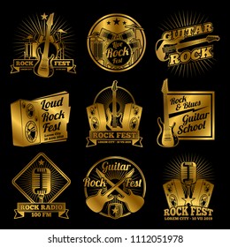 Golden rock and roll music vector labels on black background od set isolated on white