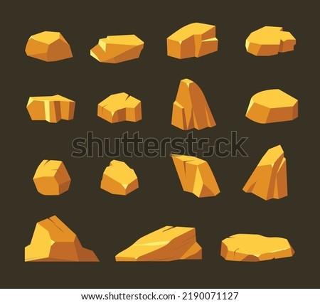 Golden rock set nugget gold in isometric vector illustration