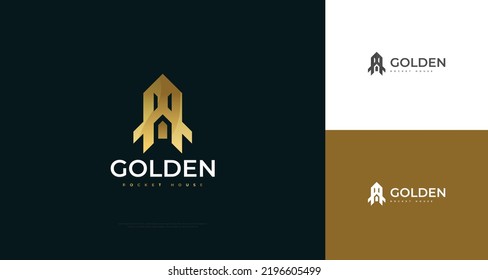 Golden Rocket House Logo Design. Logo des Luxury House, geeignet für Logos für Immobilien, Baugewerbe und Architekturindustrie