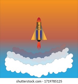 Imágenes de cohetes dorados volando a través de nubes, y fondos naranjas en estilo vectorial. 
