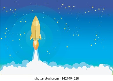 Golden Rocket launch,ship.vector, illustration concept of business product on a market.can be used for landing pages, templates, UI, web, mobile applications, posters, banners, leaflets.