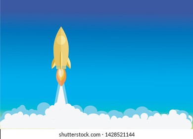 Golden Rocket launch,ship.vector, illustration concept of business product on a market.can be used for landing pages, templates, UI, web, mobile applications, posters, banners, leaflets.