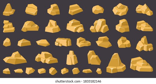 Golden rocks. Gold geology mountain pebble, stone gravel, rocks pile, game design golden rocks isolated vector illustration icons set. Small and big treasure elements for decoration