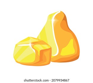 Golden rocks. Piled gemstones, mining solid gold mine nuggets, design clipart cartoon vector icon isolated on white background