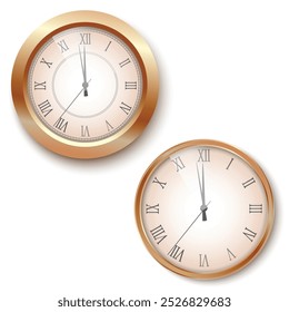 Golden Roman Numeral Clocks Counting Down to New Year s Eve Midnight. Vector illustration