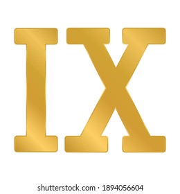 Golden roman numeral nine on white background. Vector illustration.