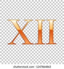 Golden Roman numeral number 12, XII, twelve in alphabet letter isolated on transparent background. Ancient Rome numeric system. Vector Illustration