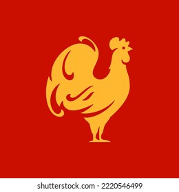 Símbolo de gallo de oro de Año Nuevo chino símbolo monocromo dorado icono vectorial ilustración plana. Fiesta tradicional asiática de aves de corral vacaciones logotipo minimalista prosperidad cultura de bienvenida de pollo decoración folclórica diseño