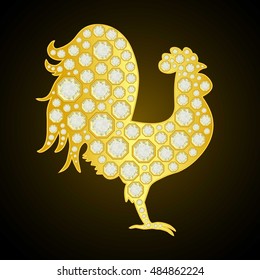 Golden Rooster with diamonds on black background. Vector illustration. Happy 2017 New Year.