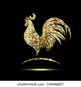 golden rooster of glittering spangles on a black background